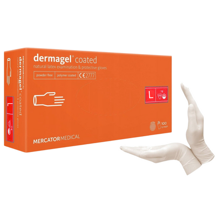 Rękawice lateksowe bezpudrowe DERMAGEL COATED, rozmiar L, kremowe