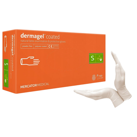 Rękawice lateksowe bezpudrowe DERMAGEL COATED, rozmiar S, kremowe
